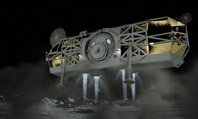 The Dynetics HLS lowers to the lunar surface.