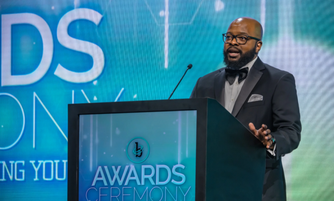 Kendic Garmon making remarks after accepting award at BEYA 2023