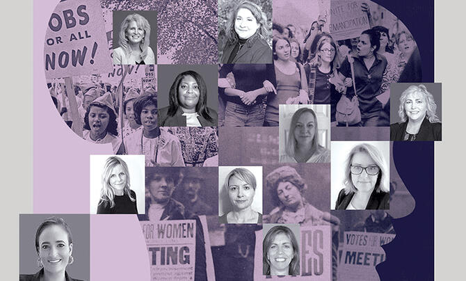 A collage of pictures of women at Leidos interspersed with historical images of the Women's movement