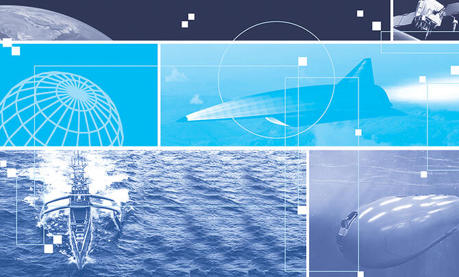 A collage of images depicting emerging naval technology including unmanned vessels and hypersonic weapons