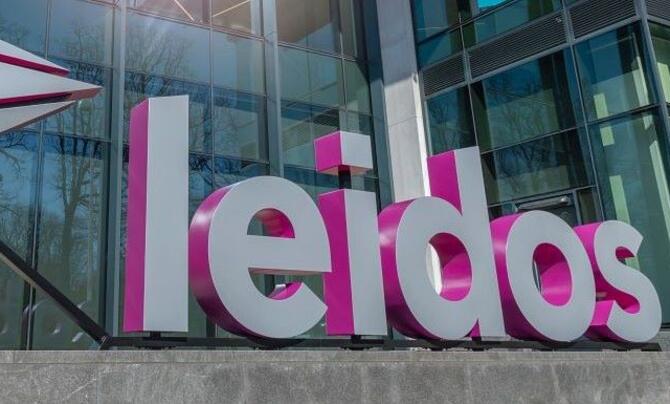 A large 3-D Leidos sign outside the company's headquarters
