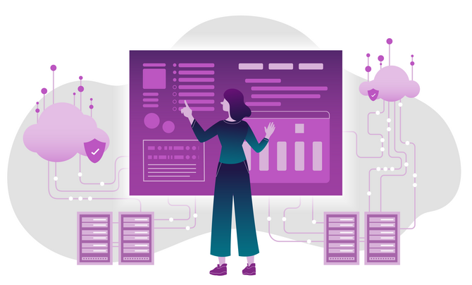A graphic of a woman using a touch screen