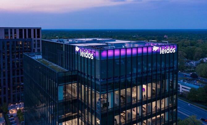 An aerial photograph of Leidos Global Headquarters at dusk