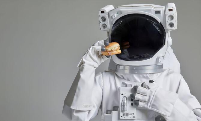 An astronaut wearing a pressurized space suit holding a sandwich