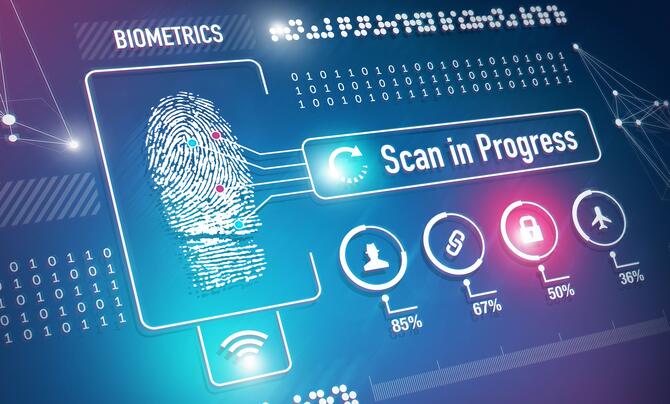A simulated computer screen showing an analysis of a fingerprint reading "Scan in Progress"