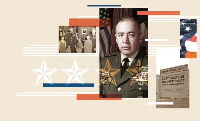 A collage of images depicting the storied military career of General Richard E. Cavazos