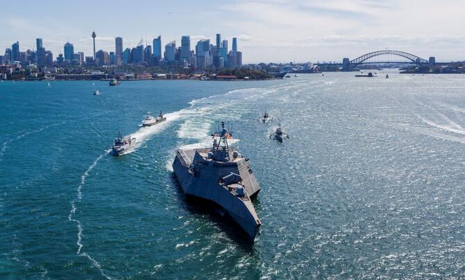 Unmanned surface vessels Seahawk, Sea Hunter, Ranger and Mariner arrive at Sydney Harbor as part of Integrated Battle Problem 23.2.