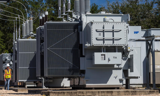 Substation with transformers in the foreground