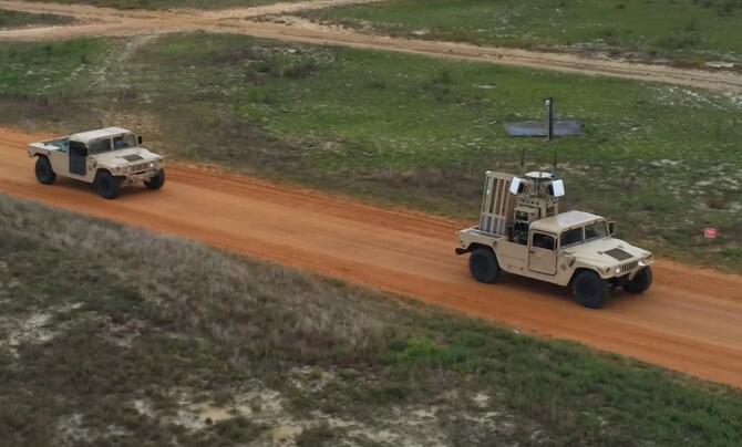 The Advanced Multilayered Mobile Force Protection (AM2FP) system, mounted on the leading high-mobility multipurpose wheeled vehicle (HMMWV) can autonomously protect the convoy’s high value assets (HVA) from small Unmanned Aircraft Systems (sUAS) threats – whether on the move or when stopped. (Photo: Leidos)