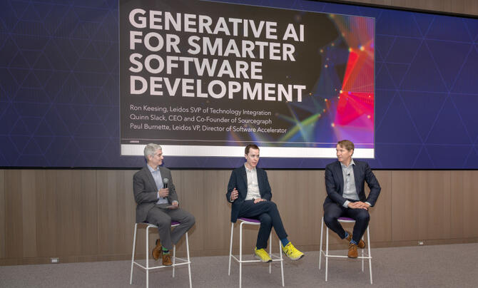 Fireside chat featuring (L-R) Paul Burnette, Quinn Slack and Ron Keesing during the Leidos and Sourcegraph Alliance Launch event at the Leidos global headquarters on February 6, 2024.  Sourcegraph Inc. is a company developing code search and code intelligence tools that semantically indexes and analyzes large codebases so that they can be searched across commercial, open-source, local, and cloud-based repositories using Artifical Intelligence (AI) within strict security environments to speed up software dev