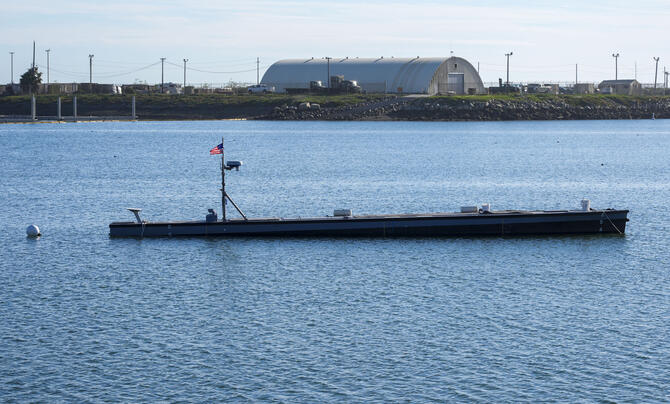 An Autonomous Low-Profile Vessel stands by at the Del Mar Boat Basin as part of Project Convergence Capstone Four, Feb. 23, 2024, at Camp Pendleton, CA.