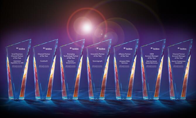 row of seven awards given at Leidos Supplier Innovation & Technology Symposium