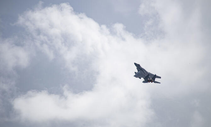 U.S. Air Force F-15 responds to a simulated alert call during the Advanced Battle Management System Onramp 2 demonstration.