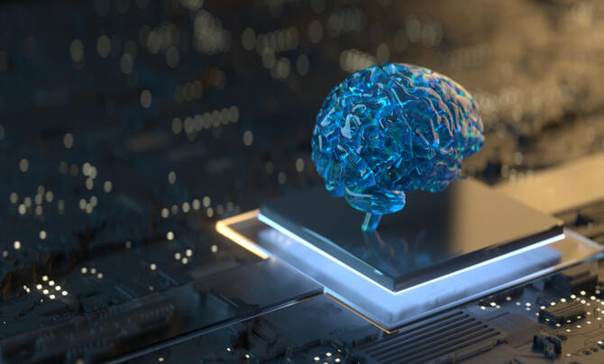 rendering of a blue brain on top of a micro chip