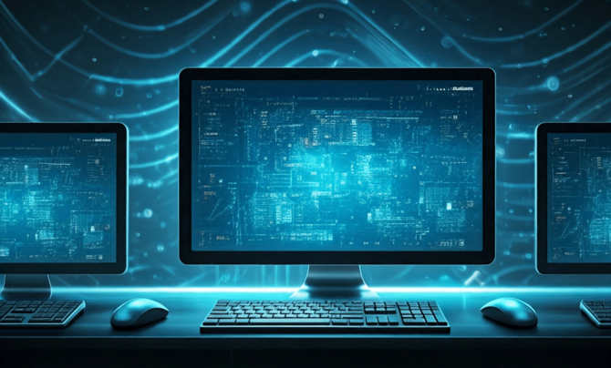 Blue-tinted computer screens on a desk with keyboards.