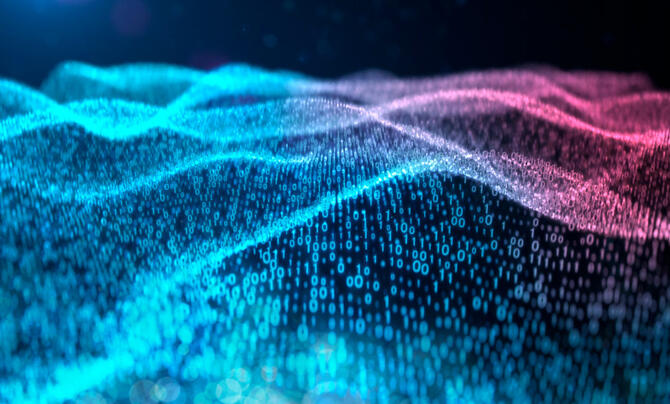  A glowing particle and binary wave pattern on dark background