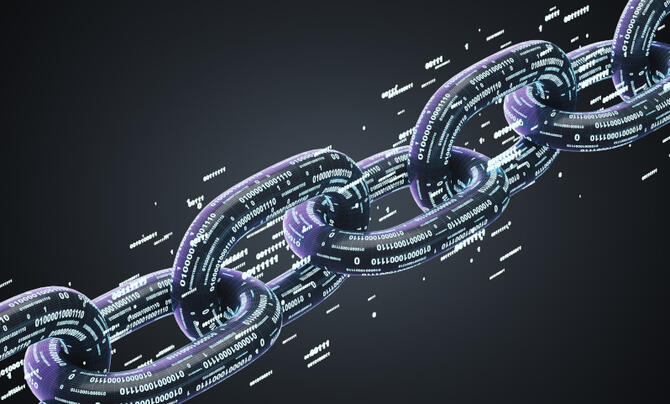 An illustration of a chain with ones and zeros to indicate computer code