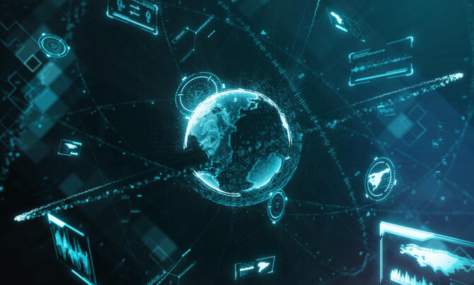 Glowing particle earth and orbital data network.