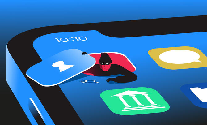 A drawing of a smartphone with a bad actor with keys crawling out from behind a secure application icon