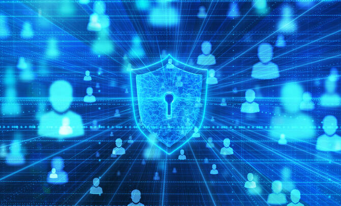 Security shield in the flow of people's network on a black background.