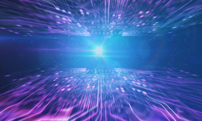 Circuit board with speed motion and light illustrating cyber warfare