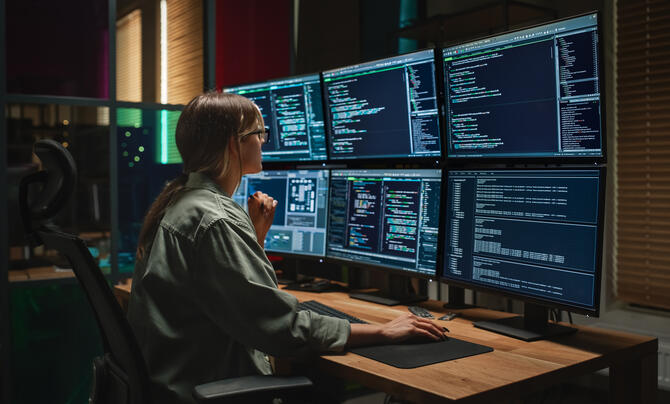 Female Programmer Coding on Desktop Computer With Six Displays in Dark Office