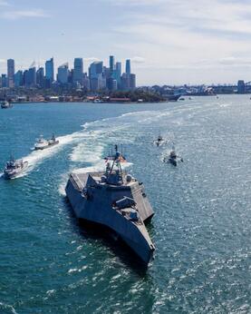 Unmanned surface vessels Seahawk, Sea Hunter, Ranger and Mariner arrive at Sydney Harbor as part of Integrated Battle Problem 23.2.