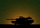 silhouette of tank with code in the background