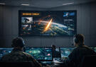 Command center personnel looking at a screen showing missile in flight
