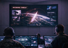 Command center personnel looking at a screen showing missile in flight
