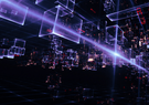 A futuristic digital scene shows glowing transparent cubes floating in a dark grid space, intersected by beams of light. The composition suggests data flow or a virtual network environment.