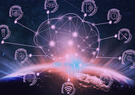 A digital illustration of a glowing neural network above Earth, connected to icons representing data, communication, analytics, and technology systems.