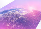 Digital view of Earth with glowing interconnected nodes and lines representing a global data network.