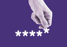 Black-and-white hand places a white asterisk alongside four others, resembling a password, against a purple background.