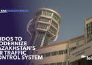 An air control tower overlaid with text that says Leidos to modernize Kazakhstan's air traffic control system