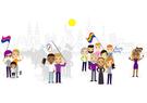 illustration of diverse individuals with rainbow flags
