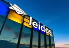 Leidos Global Headquarters lit up in yellow and blue to show support to Ukraine