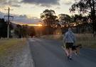 A man and a dog walking towards the sunset