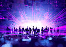 A purple background with silhouettes standing in the foreground