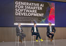 Fireside chat featuring (L-R) Paul Burnette, Quinn Slack and Ron Keesing during the Leidos and Sourcegraph Alliance Launch event at the Leidos global headquarters on February 6, 2024.  Sourcegraph Inc. is a company developing code search and code intelligence tools that semantically indexes and analyzes large codebases so that they can be searched across commercial, open-source, local, and cloud-based repositories using Artifical Intelligence (AI) within strict security environments to speed up software dev