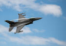 A U.S. Air Force F-16 Fighting Falcon aircraft performs a sortie