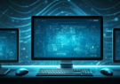 Blue-tinted computer screens on a desk with keyboards.