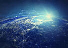 Illustration of an electronic interconnected nodes laid out over an Earth-like planet
