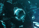 Glowing particle earth and orbital data network.