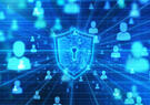 Security shield in the flow of people's network on a black background.