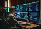 Female Programmer Coding on Desktop Computer With Six Displays in Dark Office