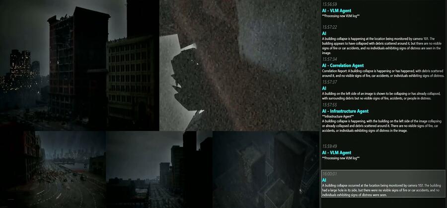 Multiple cameras detect a building collapse, with each camera offering a different perspective of the scene.