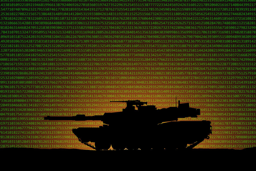 silhouette of tank with code in the background