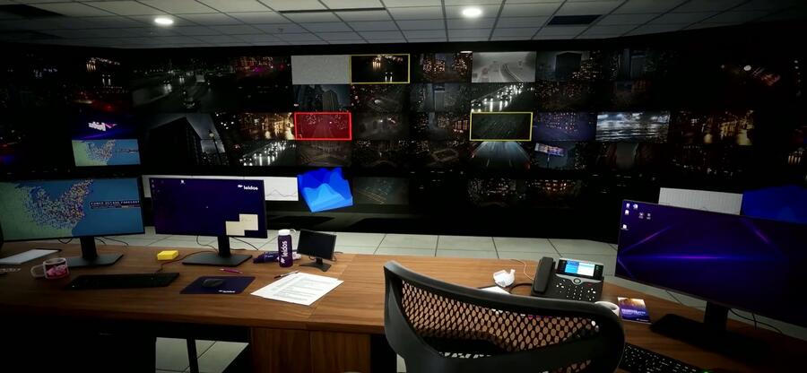 Rendering of an emergency operations center with multiple screens and color-coded alerts.