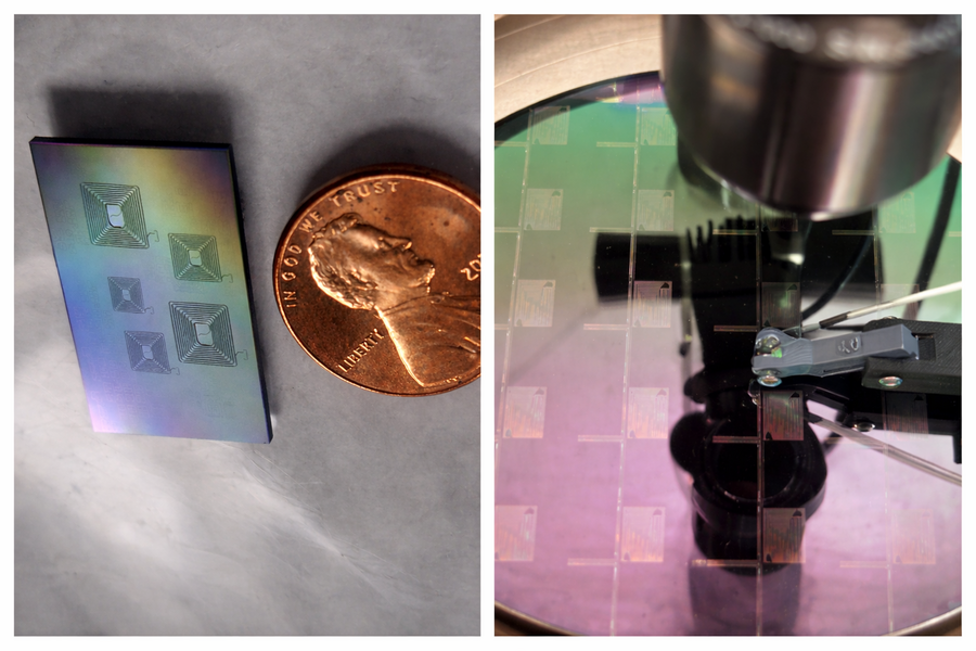 A wafer of photonic integrated circuits, or PIC microchips